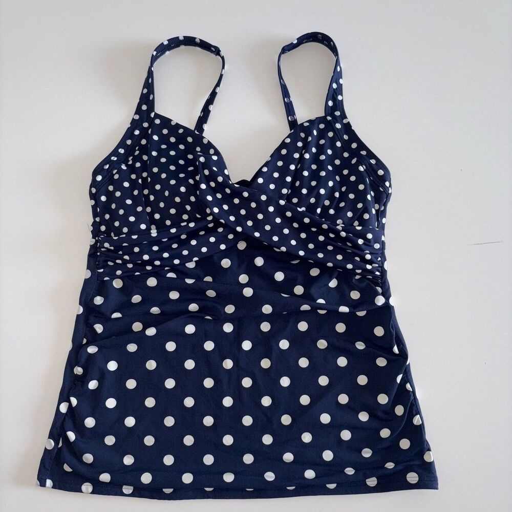 Lands’ End Navy Blue White Polka Dot Tankini Swim Top Size 10 Underwire